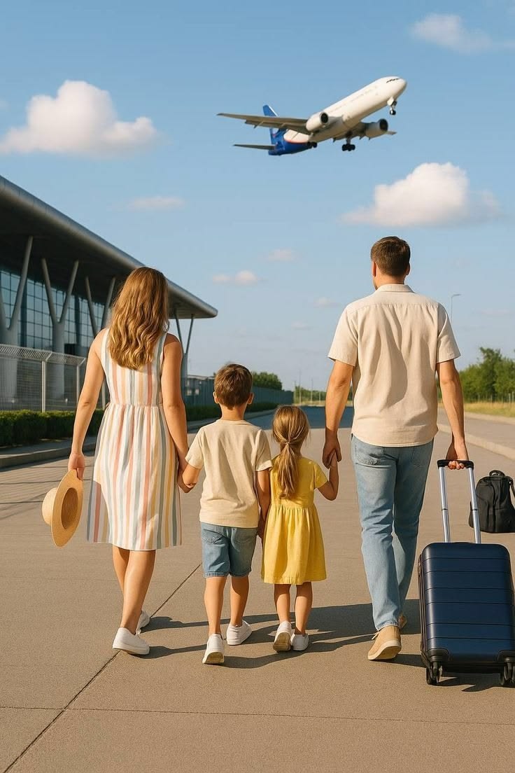 Family walking to the airport