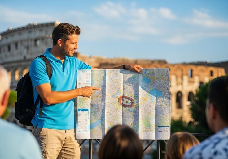 Guide pointing at a city map while briefing a group