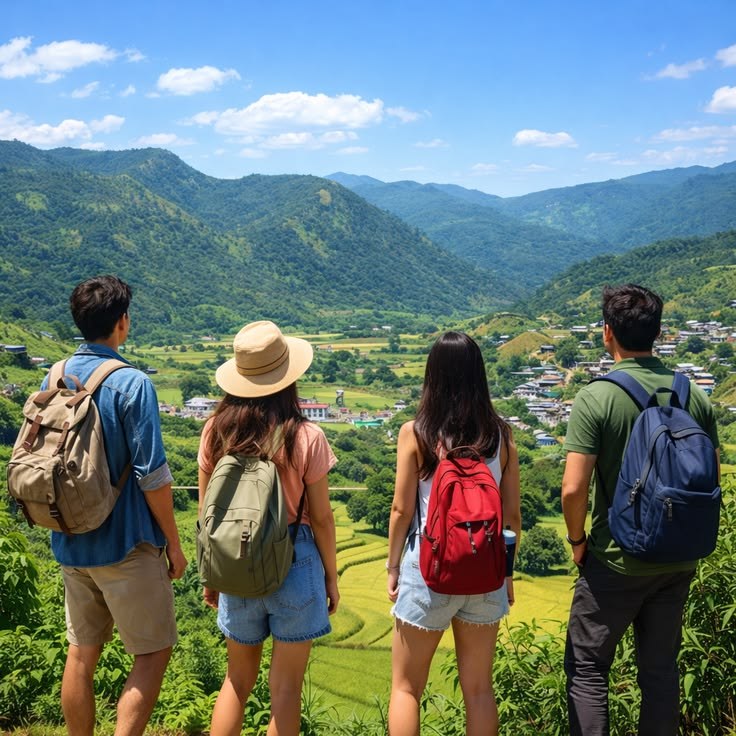 Friends looking over green hills and terraced fields